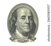 Vector high pixel mosaic portrait of Benjamin Franklin in an oval and with a ribbon. Sticker or badge. White isolated background.