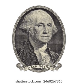 Vector high pixel mosaic portrait of the first US President Washington in an oval and with a ribbon. White isolated background.