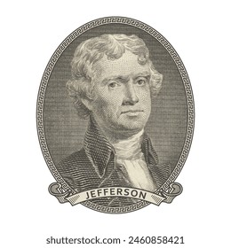 Vector high pixel mosaic portrait of the 3rd US President Thomas Jefferson in an oval and with a ribbon. Sticker or badge. White isolated background.