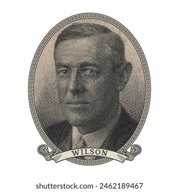 Retrato de mosaico de alto píxel de Vector del 28.º presidente de EE.UU. Woodrow Wilson en un óvalo y con una cinta. Pegatina o placa. Fondo blanco aislado.