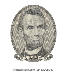 Retrato de mosaico de alto píxel de Vector del decimosexto presidente de EE.UU. Abraham Lincoln en un óvalo y con una cinta. Pegatina o placa. Fondo blanco aislado.