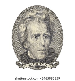 Retrato de mosaico de alto píxel de Vector del 7º presidente de EE.UU. Andrew Jackson en un óvalo y con una cinta. Pegatina o placa. Fondo blanco aislado.