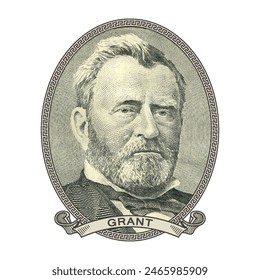 Vektorgrafik hochpixeliges Mosaikporträt des 18. US-Präsidenten Ulysses S. Grant in einem Oval und mit einem Band. Aufkleber oder Abzeichen. Weißer isolierter Hintergrund.