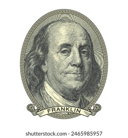 Vector high pixel mosaic portrait of Benjamin Franklin in an oval and with a ribbon. Sticker or badge. White isolated background.