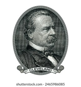 Vector high pixel mosaic portrait of the 24th US President Stephen Grover Cleveland in an oval and with a ribbon. Sticker or badge. White isolated background.