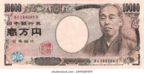 Vector high poly pixel mosaic banknotes of Japan. Denominations of bill 10000 yen. Obverse of Japanese game money.