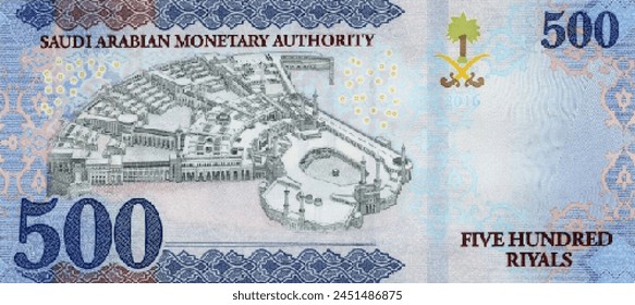 Vector high poly pixel mosaic banknote of Saudi Arabia. Denominations of bill 500 riyals. Reverse of game money. Part 2