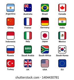 Vector high quality collection set of G20 states (major economies) official flags in squared format - 1:1 ratio world flags