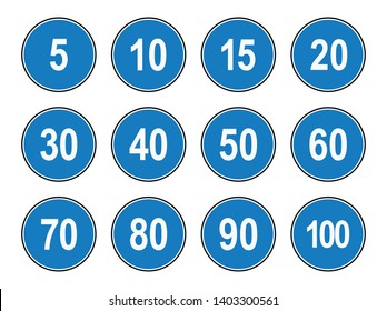Vector high quality flat style collection set of generic minimun speed limit signs - white number on blue circle 