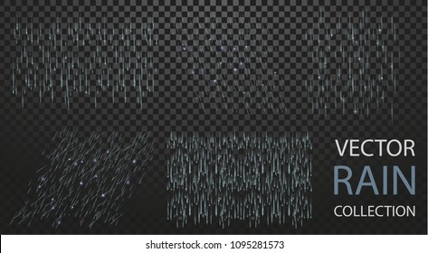 Vector High quality Rain Collection Set Isolaed on Transparent Background. Can be used on flyers, banners, web or any project. Falling water drops. Nature texture rainfall on black background. EPS 10.