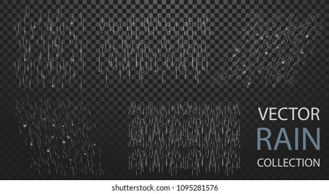 Vector High quality Rain Collection Set Isolaed on Transparent Background. Can be used on flyers, banners, web or any project. Falling water drops. Nature texture rainfall on black background. EPS 10.