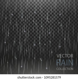 Vector High quality Rain Collection Set Isolaed on Transparent Background. Can be used on flyers, banners, web or any project. Falling water drops. Nature texture rainfall on black background. EPS 10.