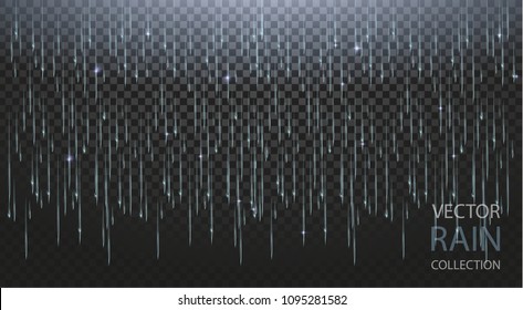 Vector High quality Rain Collection Set Isolaed on Transparent Background. Can be used on flyers, banners, web or any project. Falling water drops. Nature texture rainfall on black background. EPS 10.