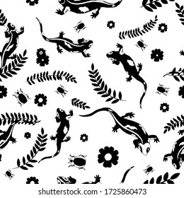 Vector high quality repeated black and white print of reptiles beetles plant leaves. Tropical jundgle textured pattern on white background. Two colours seamless wallpaper. Unique textile ink design.