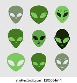Vector high quality set collection of 9 different alien faces, isolated elements for your web design