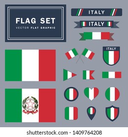 Vector high quality set collection of 16 different Italy flag related illustrations with different shapes for many uses