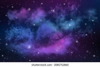 Vector high resolution deep space intergalactic panorama with stars, stardust, supernova, interstellar clouds, milky way, nebula on it. Realistic universe background for your work and design. 