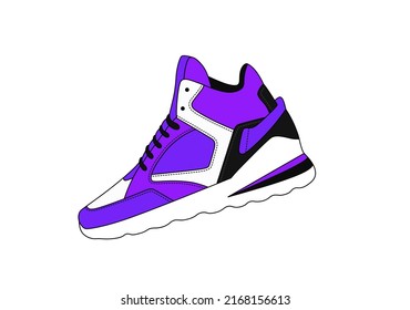 Vector high sport boots isolated on white background. Modern linear sneakers icon. Urban trendy footwear logo. Casual violet shoe symbol. Flat outline sneaker style. Massive sole trainers