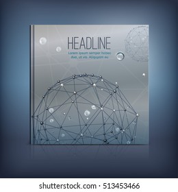 Vector High tech business brochure cover template with metallic molecule image. Modern backgrounds for poster, print, flyer, book, booklet, brochure and leaflet design.