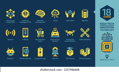 Vector high tech innovation technology yellow glyph icon set on a dark blue background with smart digital wireless system for future business: cloud computing, open and big data, sensors, e-money sign