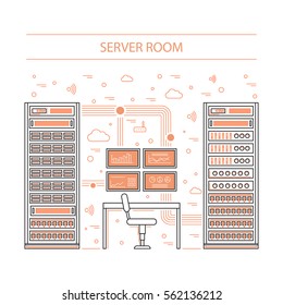 Vector high tech internet data center. Network equipment that is used to organize the server room
