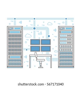 Vector high tech internet data center. Network equipment that is used to organize the server room