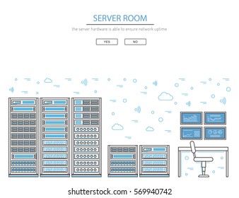 Vector high tech internet data center. Network equipment that is used to organize the server room