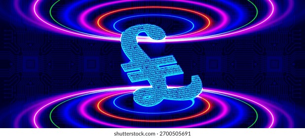 Vector high technological 3D banner. Digital pound. United Kingdom. Computer chip, laser glow circles. State cryptocurrency. English central bank electronic programing money. Great Britain