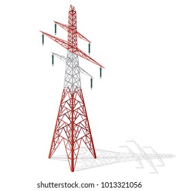 Vector high voltage pylon on white background in isometric perspective. Red and white 3d metal pole voltage, isolated background. Industrial illustration. Power line pylon with safety lock.