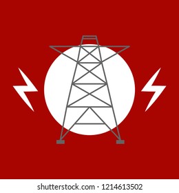 Vector high voltage pylon on white background in isometric perspective. Red and white 3d metal pole voltage, isolated background. Industrial illustration. Power line pylon with safety lock.