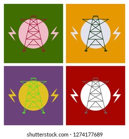 Vector high voltage pylon on white background in isometric perspective. Red and white 3d metal pole voltage, isolated background. Industrial illustration. Power line pylon with safety lock.