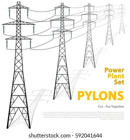 Vektor-Hochspannungspylons auf weißem Hintergrund. Isolated Colonnade der Metallpolspannung. Industrielle Oberflächengrafik. Power Line Pylons mit Typografie. Nukleare Anlagen und Versorgungsleitungen.