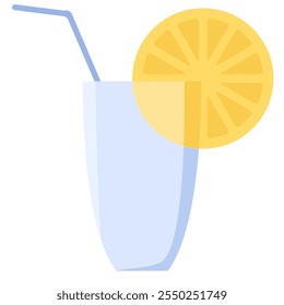 Vector highball cocktail glass with a tube and a lemon slice for cocktails in a bright flat style. Tableware for picnics, trips, banquettes, public institutions, and catering establishments. Packaging