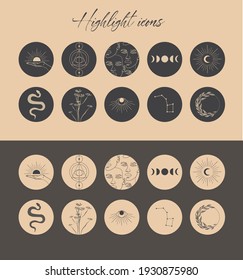 Vector highlight covers with astrology objects, mythical, esoteric and boho objects, for social media stories. Editable vector illustration