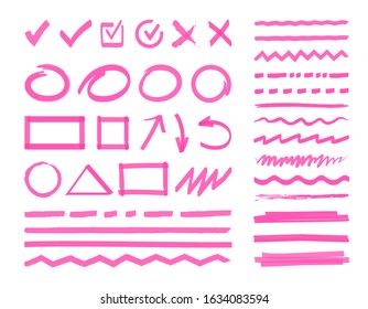 Vector highlight marker design elements, shapes, stripes, strokes and lines for text highlighting, marking or coloring. Abstract hand drawn highlighter marks, arrow, round, pointer. Grunge brush set.