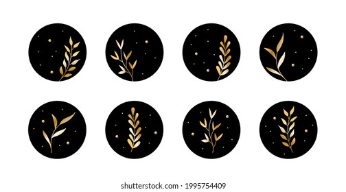 Vector highlight story cover icons for social media. Abstract black circle luxury backgrounds with golden leaves for bloggers