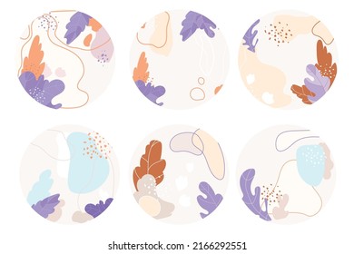 Vector Highlight Story Cover Icons For Social Media. Abstract Minimal Organic Circle Backgrounds In Modern Style With Floral Elements Pastel Colors.Can Be Used As Icons, Cover, Sticker, Emblem, Logo 