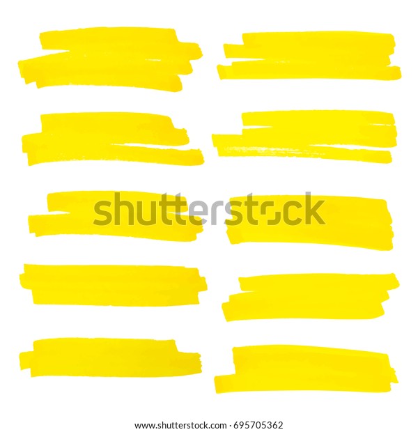 Vector\
highlighter brush lines. Marker pen highlight underline strokes.\
Yellow watercolor hand drawn highlight\
set.
