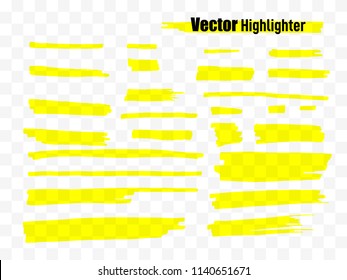 Vector highlighter brush set. Hand drawn yellow highlight marker stripes. 