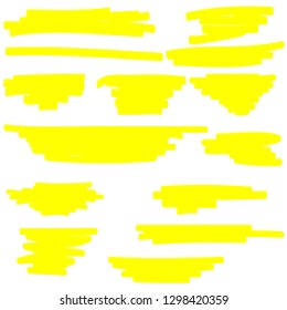 Vector highlighter brush set. Hand drawn yellow highlight marker stripes
