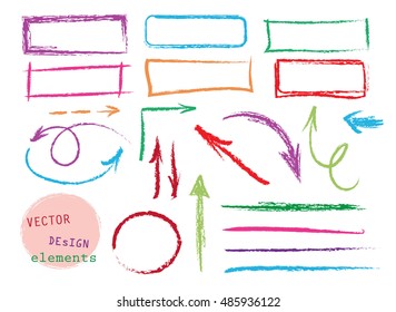 vector highlighter elements, arrows, circles, check marks. set of hand drawn colorful arrows, lines, frames and circles.