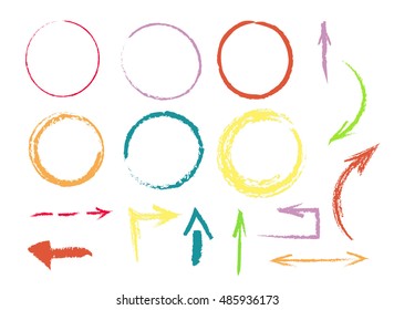 vector highlighter elements, arrows, circles, check marks. set of hand drawn colorful arrows, lines, frames and circles.