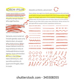 Vector highlighter elements collection with sample text layout  for example. Set of hand drawn highlighting elements for text selection and underline