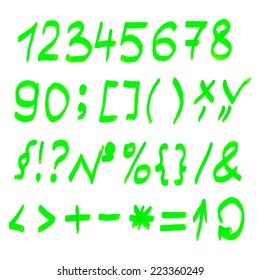 Vector highlighter elements - handwritten alphabet - numbers and signs, green