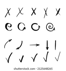 Vector highlighter elements, imitation of hand drawn circles, frames and arrows, square and rectangles borders, check, correction, cross, tick symbols.