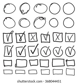 Vector highlighter elements, imitation of hand drawn circles, frames and arrows, square and rectangles borders, check, correction, cross, tick symbols.