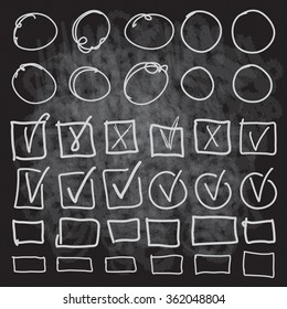 Vector highlighter elements on chalk board, imitation of hand drawn chalk circles, frames, square and rectangles borders, check, correction, cross, tick symbols.