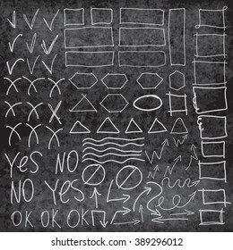Vector highlighter elements on chalk board, imitation of hand drawn circles, frames and arrows, yes and no signs, underlines, curves, zigzags for text. Check, correction, cross, tick symbols.