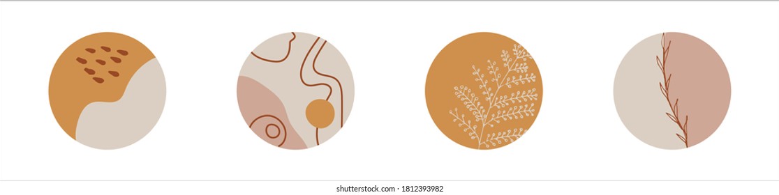 Vector highlights cover icon set for social media stories. Abstract collection backgrounds with shapes, flowers doodle, dots and lines. Hand drawn round templates for contemporary bloggers.