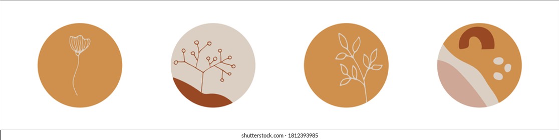 Vector highlights cover icon set for social media stories. Abstract collection backgrounds with shapes, flowers doodle, dots and lines. Hand drawn round templates for contemporary bloggers.